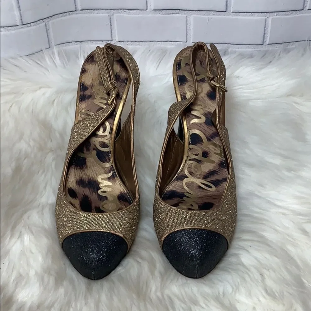 Sam‎ Edelman Finn Glitter Gold/Black Heels Sz 8.5